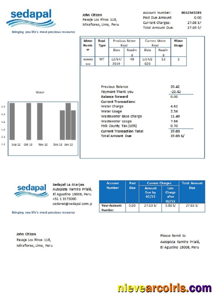 Peru Sedapal La Atarjea water utility bill